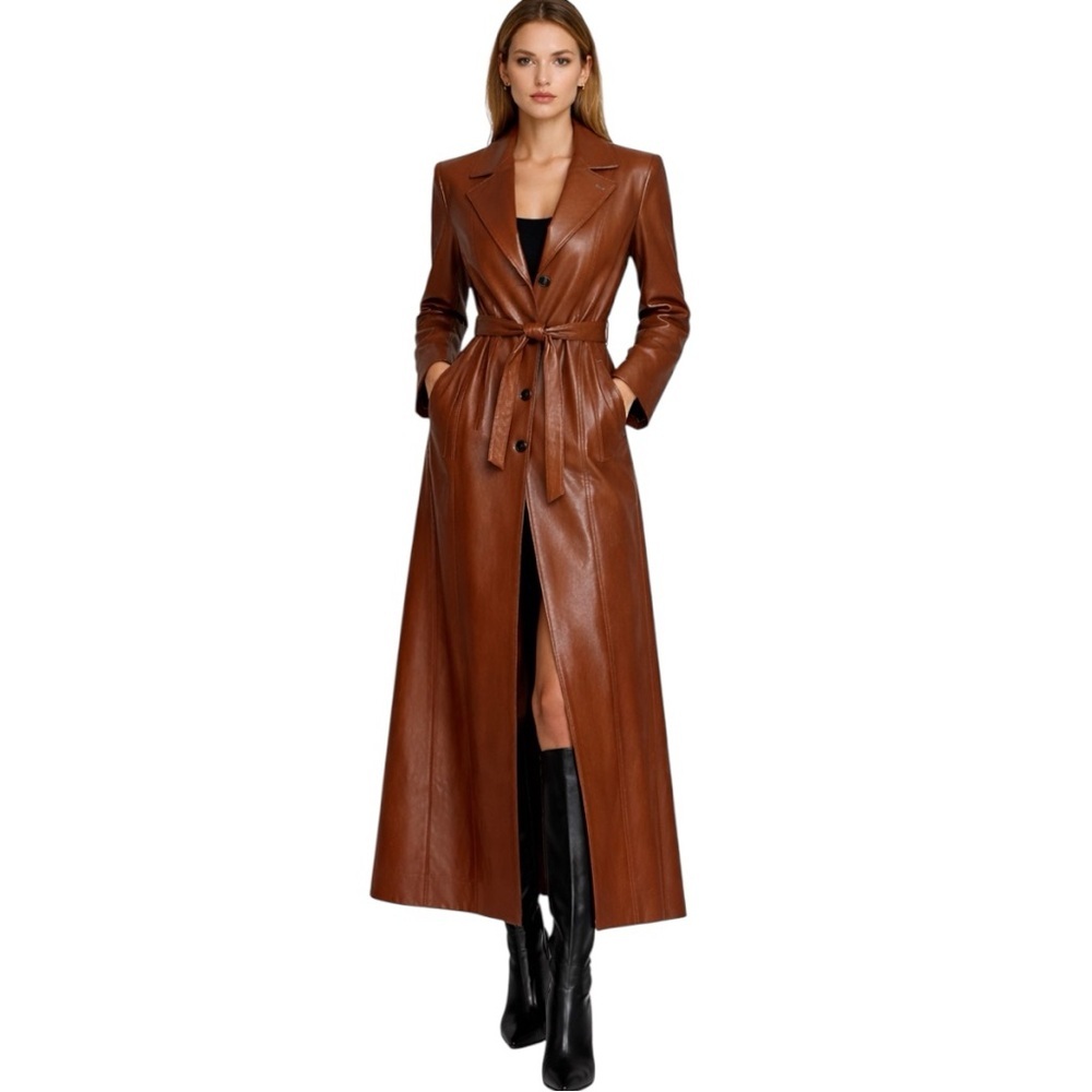 Vintage 1970s Crae Carlyle Cognac Leather Editorial Longline Maxi Coat Size 38